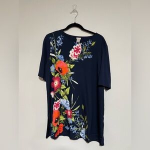 Chico’s Navy Floral Mixed Media Short Sleeve Top Size 2 Large